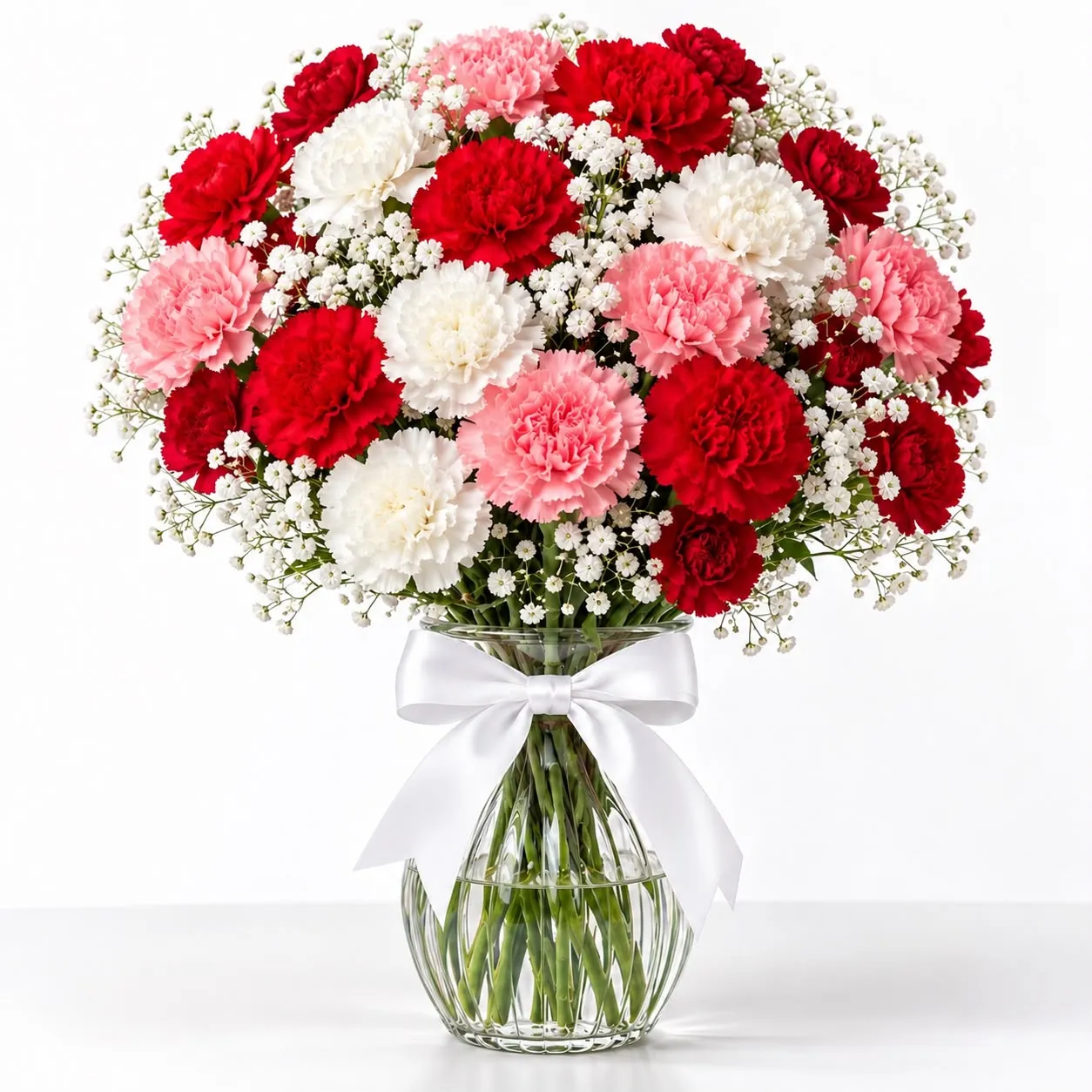 Vibrant 25 mixed carnations vase with 13 red, 6 white and 6 pink blooms from RoseCharmFlowers